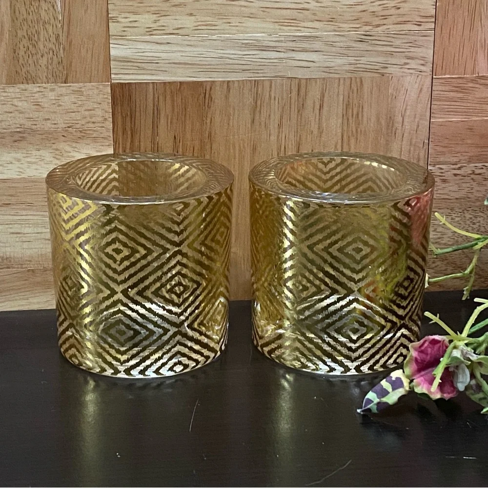 Pair of Jonathan Adler For PartyLite Gold Safari Chic Ikat Votive Candle Holder
